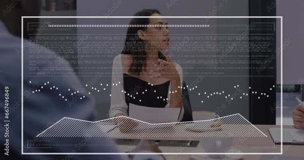 Poster animation of data processing on biracial woman with document discussing with colleagues at office