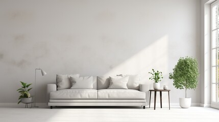 A minimalist living room with a monochrome palette, adorned with a singular potted plant by the window.