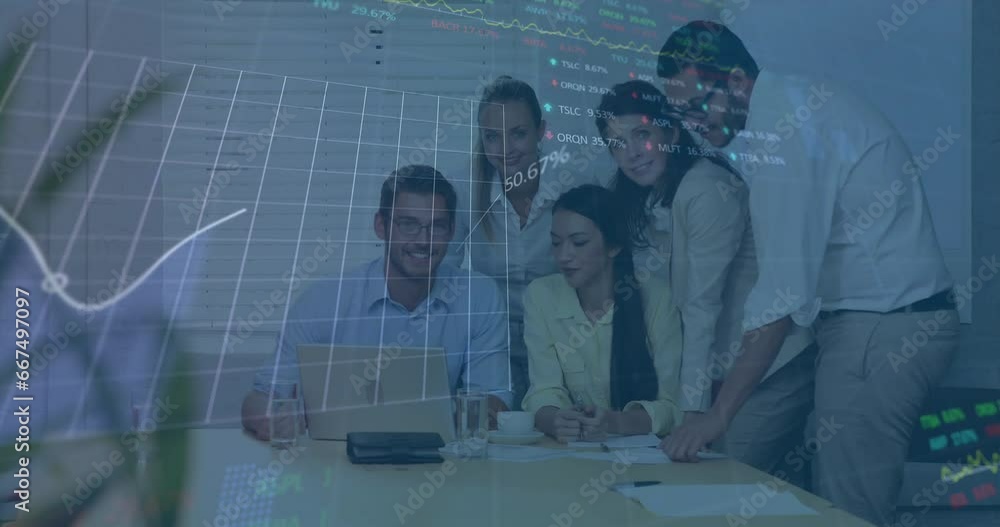 Poster animation of data processing against portrait of diverse colleagues smiling together at office