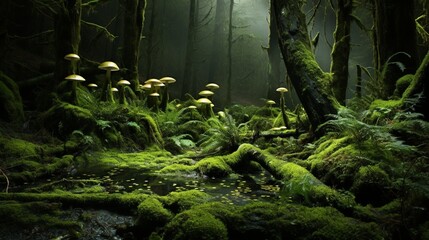 A mossy forest floor, dotted with toadstools and ferns, creating a fairy-tale atmosphere.