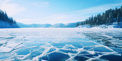 Natural breaking ice in frozen water at lake  - obrazy, fototapety, plakaty