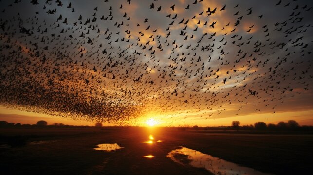 A murmuration of starlings, their synchronized movements creating mesmerizing patterns in the sky.