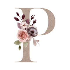 Floral alphabet, letter P linen texture with watercolor flowers and leaves. Art monogram initials perfectly for birthday, wedding invitations, greeting card, logo. Hand drawing.