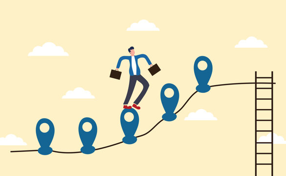 Roadmap, project milestone or business journey achievement, workflow or process timeline to success, step planning or progress concept, businessman run on milestone location pin on business roadmap.