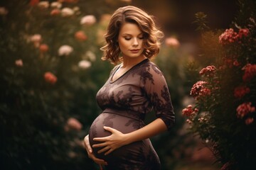 Outdoor fashion photoshoot of a pregnant woman wearing fashionable maternity clothes in a floral garden