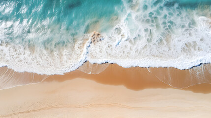 top view sandy beach and ocean with waves, Blue water, Summer seascape from air.