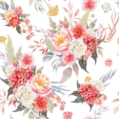 Fotobehang Watercolor seamless pattern with delicate flowers and leaves. Hand drawn endless background for fabric and wedding design. Autumn beige and terracotta colors of botanical backdrop. © Olga Shulgina
