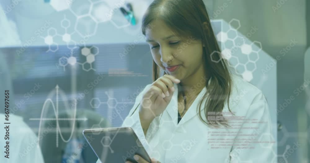 Poster animation of medical data processing over biracial female scientist using tablet at laboratory