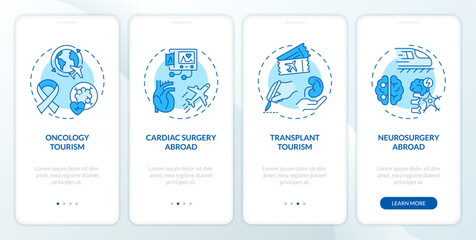 2D blue icons representing medical tourism mobile app screen set. Walkthrough 4 steps monochromatic graphic instructions with thin line icons concept, UI, UX, GUI template. - obrazy, fototapety, plakaty
