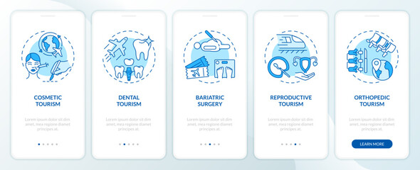 Fototapeta na wymiar 2D icons representing medical tourism mobile app screen set. Walkthrough 5 steps blue graphic instructions with thin line icons concept, UI, UX, GUI template.