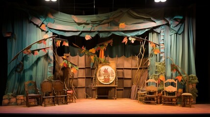 A puppet show stage set, with handmade puppets awaiting their next performance. - obrazy, fototapety, plakaty