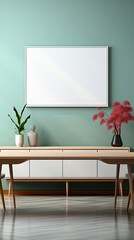 Mockup frame on cabinet in living room interior on empty dark wall background. Mockup template design. Generative AI