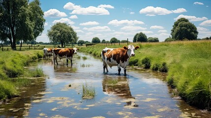 Obraz premium Cows in meadow on sunny summer day with farm in the background. Agriculture environment illustration. Generative AI