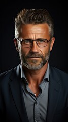 Obraz premium Portrait of a mature businessman wearing glasses on background. Happy senior latin man looking at camera over grey wall with copy space. Man face portrait illustration. Generative AI