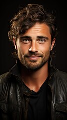 Fototapeta premium Handsome man smiling cheerful with a big smile on face showing teeth, positive and happy expression. Man face portrait illustration. Generative AI