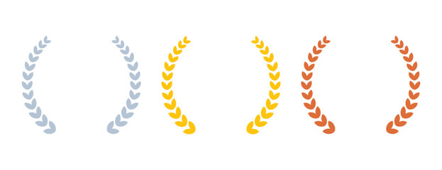 Gold, silver and bronze olive branches for awards. Olive branches in flat minimalistic style for design of medals, awards, certificates.