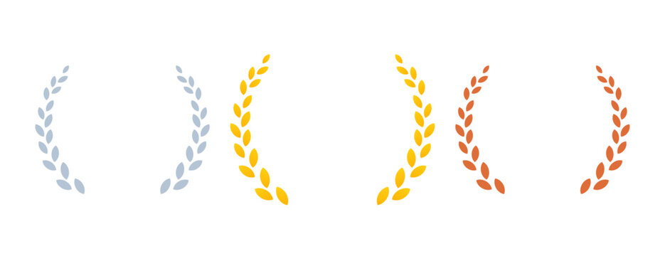 Gold, silver and bronze olive branches for awards. Olive branches in flat minimalistic style for design of medals, awards, certificates.