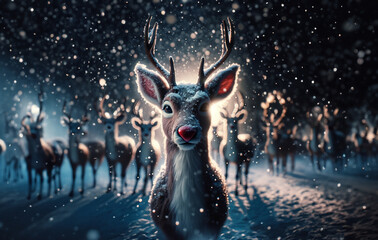 Rudolph The Red Nose Reindeer Looking Directly into Camera in North Pole Snowy Winter Wonderland Scene - obrazy, fototapety, plakaty