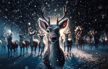 Fotobehang Rudolph The Red Nose Reindeer Looking Directly into Camera in North Pole Snowy Winter Wonderland Scene © BrandPacks