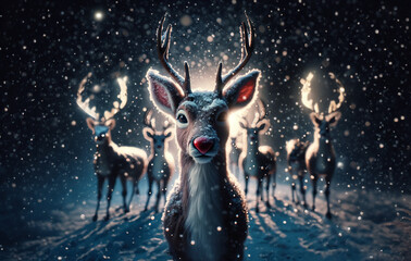 Rudolph The Red Nose Reindeer Looking Directly into Camera in North Pole Snowy Winter Wonderland...
