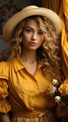Beautiful attractive stylish woman in yellow dress and straw hat holding daisy flower romantic mood posing on background. Smile emotion illustration. Generative AI