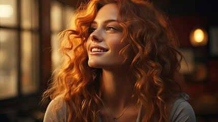 Cheerful gorgeous young woman wearing her ginger hair in knot smiling happily while receiving some positive news. Woman portrait illustration. Generative AI