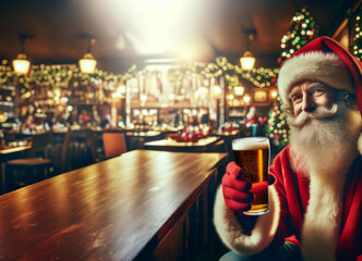 Santa Claus Drinking Beer at Happy Hour in Pub at Christmas Time or Mad Friday