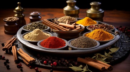 Assorted Spices Presented in Various Bowls on a stylish Tray,