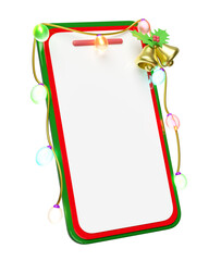 3d mobile phone, smartphone with Jingle bell, holly berry leaves, glass transparent lamp, party banner. merry christmas and happy new year, online shopping, 3d render illustration