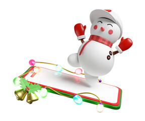 3d mobile phone, smartphone with snowman, Jingle bell, holly berry leaves, glass transparent lamp, party banner. merry christmas and happy new year, online shopping, 3d render illustration