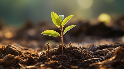 Young green plant growing in the soil with sunlight background. Earth day concept.
