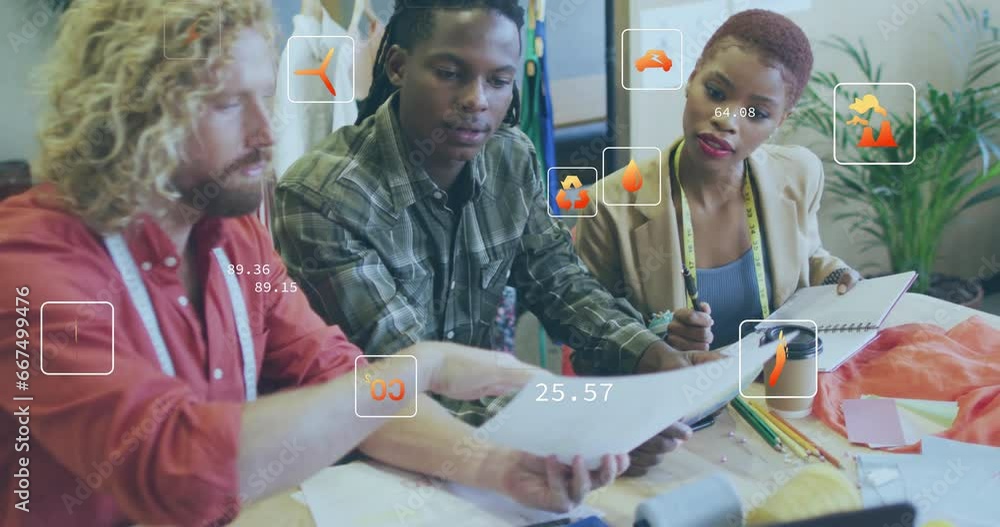 Aufkleber Animation of multiple icon in squares over diverse designers discussing about design in office