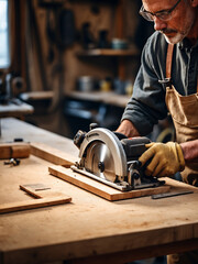 Skilled craftsman cutting a wooden plank with a circular saw in a workshop - obrazy, fototapety, plakaty