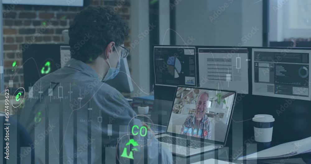 Aufkleber animation of multiple graphs, icons over diverse man wearing mask discussing reports on video call