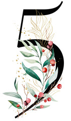 Black number 5 with watercolor twigs with green leaves and red berries, Christmas isolated Illustration