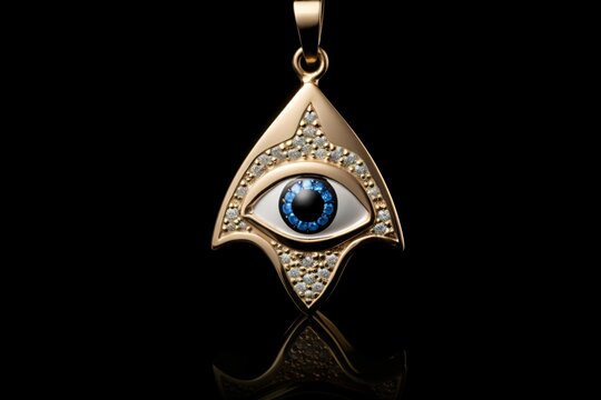 A necklace with gold pendant and evil eye in between