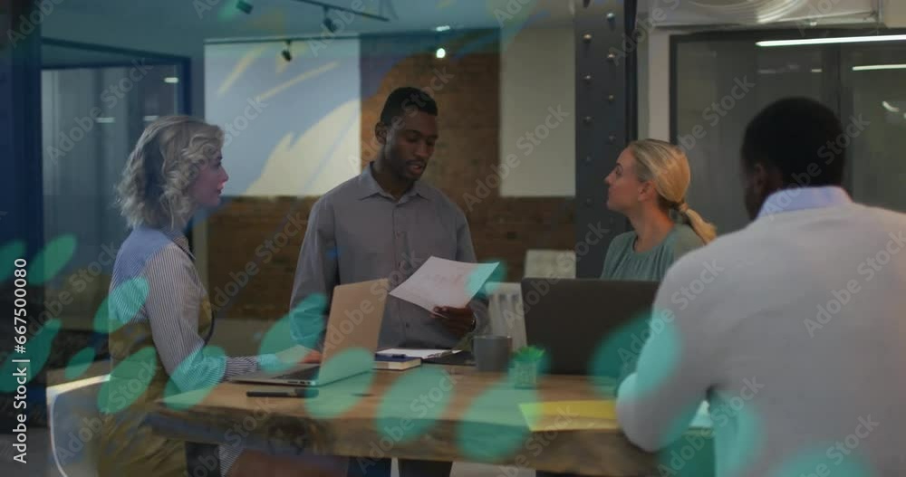 Aufkleber animation of graphs with changing numbers over diverse coworkers discussing reports in office