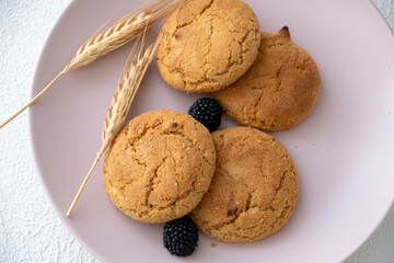 plain wheat grain cookies and raspberries on pink plate