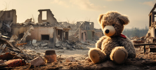 War background - Teddy bear sits in the rubble of a bombed city