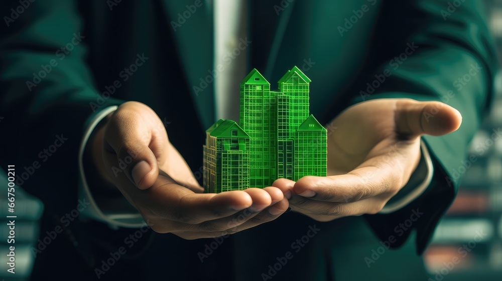 Poster a person with a green building certification, symbolizing the commitment to sustainable design princ