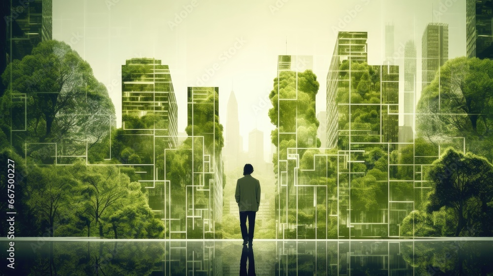 Poster a person with a green building certification, symbolizing the commitment to sustainable design princ
