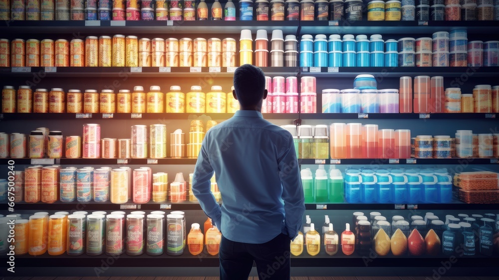 Poster visualize a person conducting market research and competitive analysis to inform package design deci