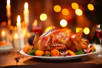 Happy thanksgiving day background  roasted turkey with vegetables on dining table traditional holiday dinner 