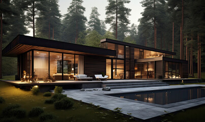 Fototapeta na wymiar modern style house rendering in the forest
