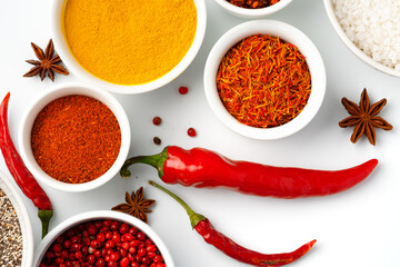 Beautiful composition with various spices on white background