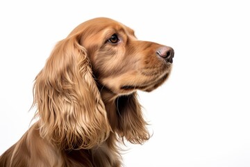 Photo of an affectionate Cocker Spaniel looking up with soulful eyes on a spotless white background. Generative AI