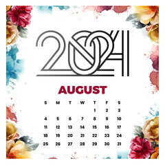vector August floral calendar 2024 - obrazy, fototapety, plakaty