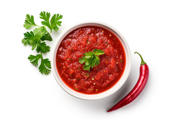 Sauce salsa in bowl on white background, top view - obrazy, fototapety, plakaty