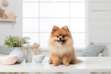 Photo of an affectionate Pomeranian with a fluffy coat on a clean white table. Generative AI