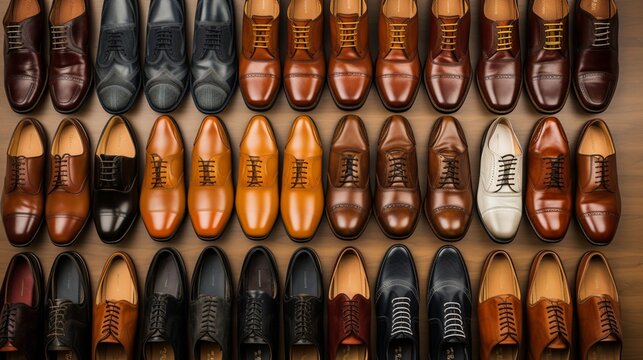 A row of diverse shoes arranged neatly, showcasing various styles and occasions.